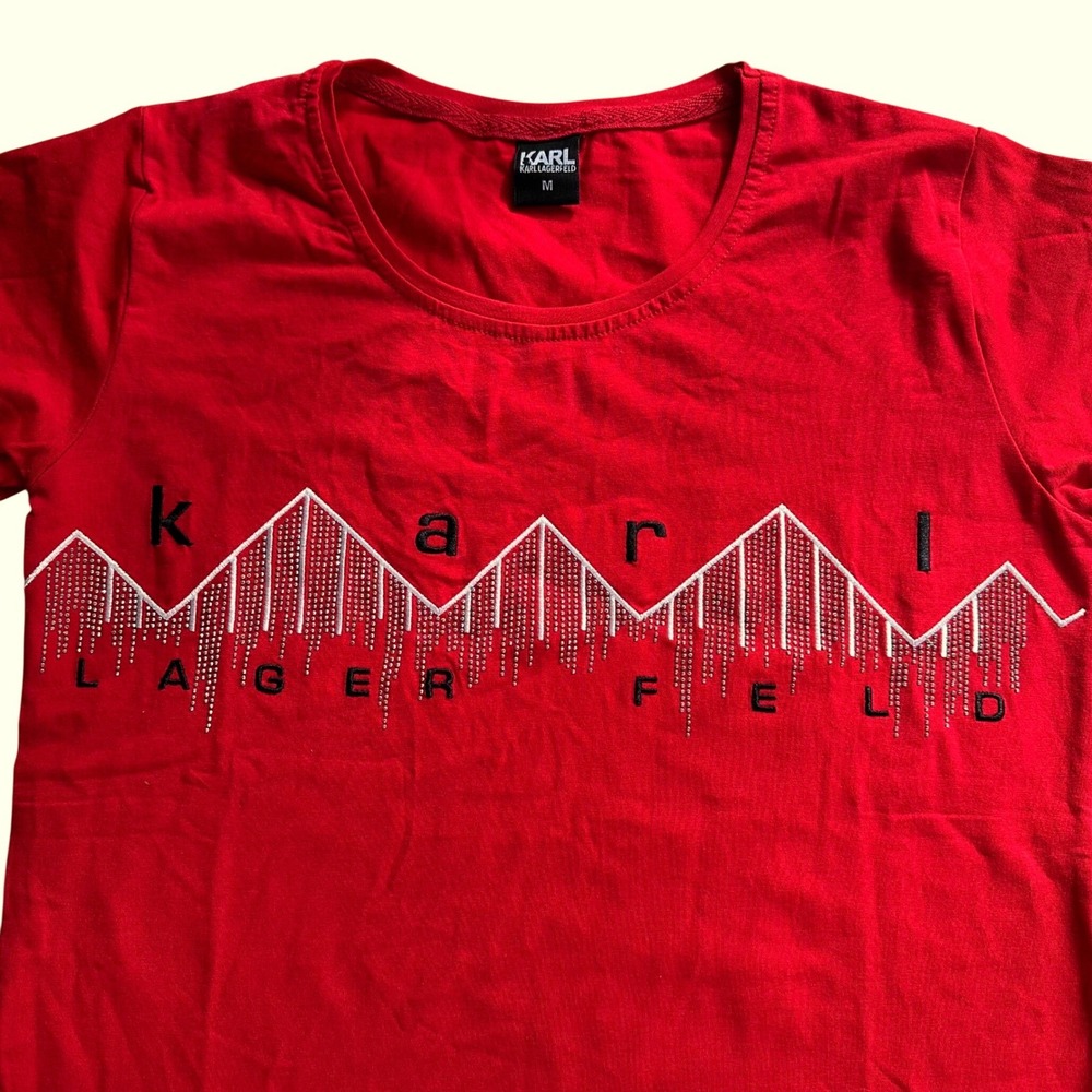 Karl Lagerfeld Paris Red Logo Tee Medium Rhinestone Bling Embellished‎ T-Shirt